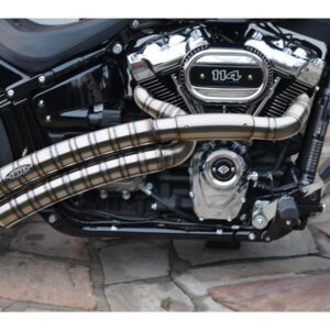 Rainbow Down Under Snake on the Road Exhaust System , Raw Smooth Heat Shield, Polished Smooth End Cap, Outline 70 mm