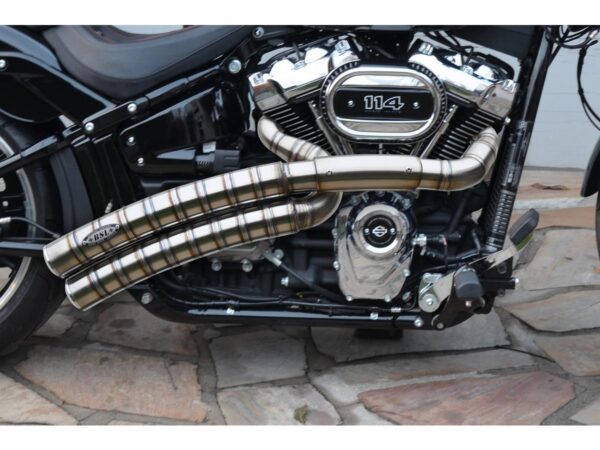 Rainbow Down Under Snake on the Road Exhaust System , Raw Smooth Heat Shield, Polished Smooth End Cap, Outline 70 mm