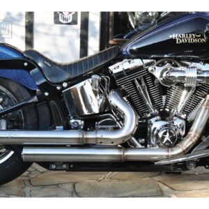Top Chopp Staggered Floorboard Exhaust System , Raw Hole Heat Shield, Polished Smooth End Cap, Outline 2,5"
