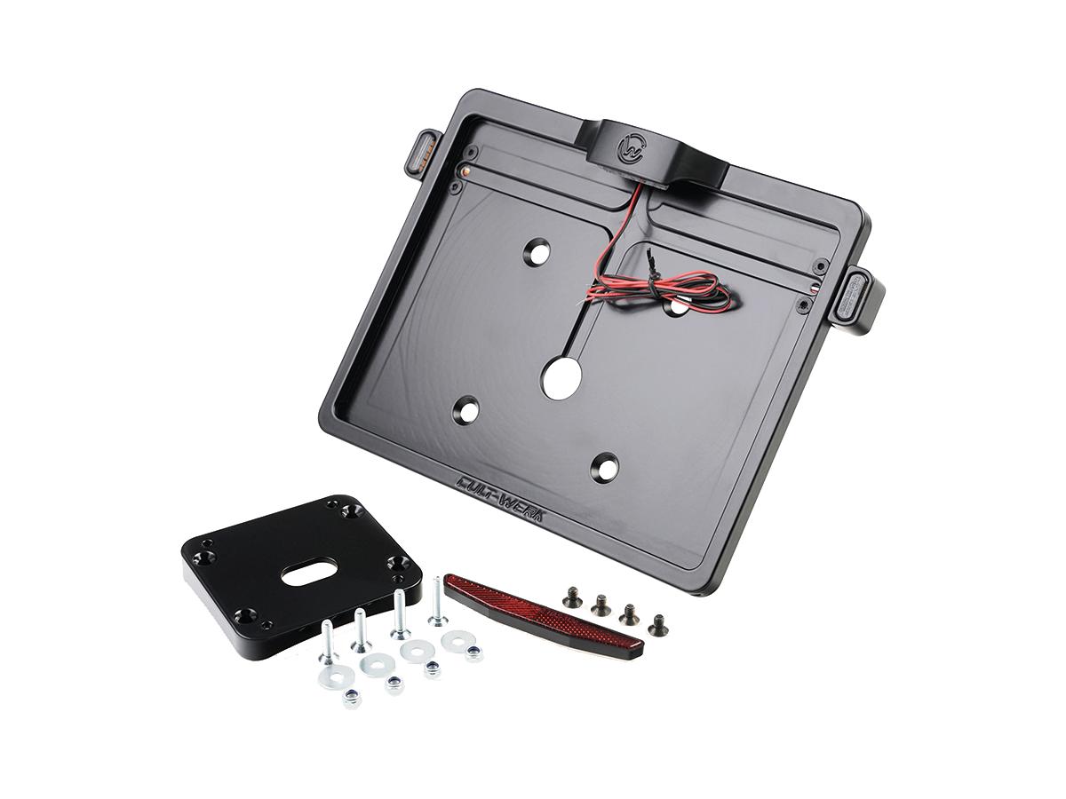 Mid-Mount License Plate Bracket and Base Plate Kit V1, Austria: 210 x 170 mm, with 3-in-1 Turn Signals Black Satin