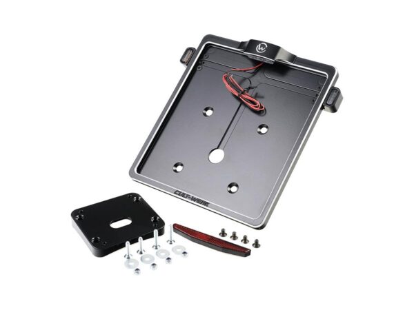 Mid-Mount License Plate Bracket and Base Plate Kit V2, Germany: 180 x 200 mm, with 3-in-1 Turn Signals Black Cut
